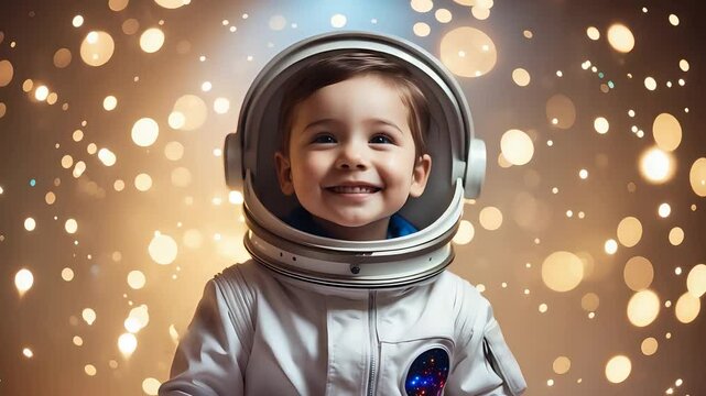 Child Astronaut Helmet Suit Stars Background Smile Space Adventure Exploration Joy Light Glow