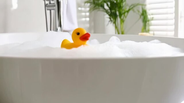 Cute yellow rubber duck floating in bubbly white soapy water in a clean bathtub, home bathroom with window light