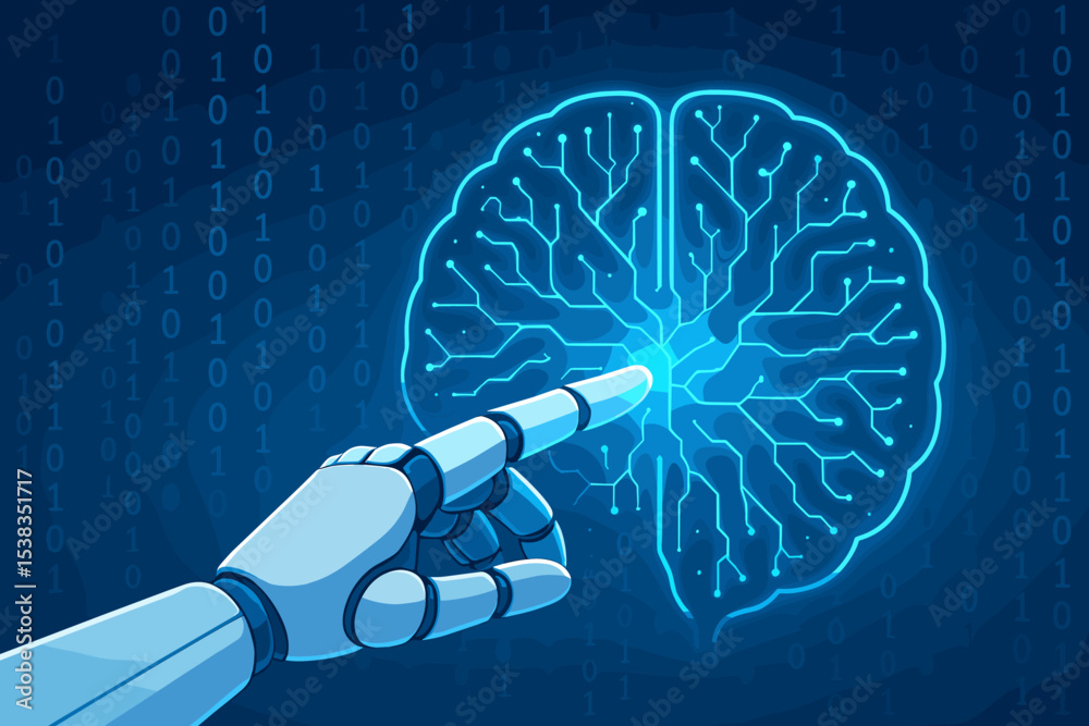 Poster artificial intelligence concept. robot hand touching a digital brain on a binary code background. ma