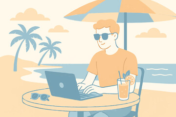 Obraz premium Man working on laptop while sitting on the beach under sunny sky