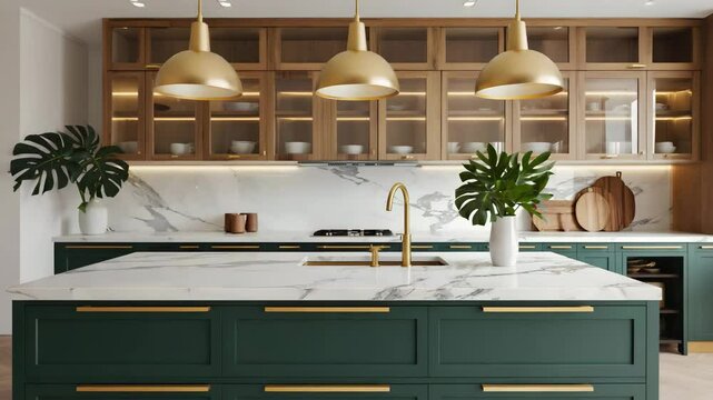 Elegant marble kitchen with gold hardwareA modern kitchen with green cabinets gold fixtures and marble countertops and pendant lights above. Contemporary kitchen island with pendant lighting