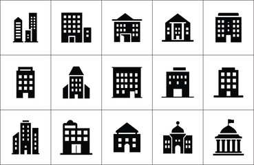 Set of black and white icon illustrations representing various building and architectural styles.