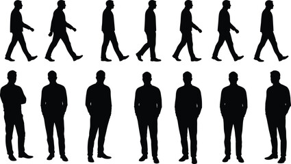 Silhouette of walking man, front and side view, standing male figures, business person poses, vector illustration, casual motion, people icons