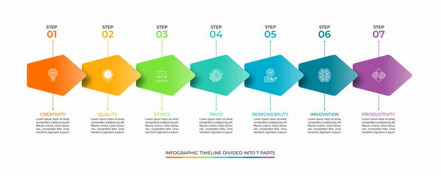 Colorful 7-Step infographic timeline vector template. Clean and minimal layout ideal for presentations, reports, strategy planning, or corporate visuals. Fully editable and scalable.