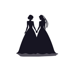 Elegant silhouette of two brides holding hands, romantic lesbian couple on their wedding day. Minimalist black design on transparent background.