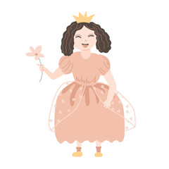 Happy princess with a flower. Vector isolated illustration.