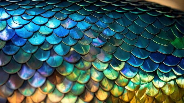 Iridescent scales pattern creating an abstract background, displaying textures, patterns, and shimmering colorful hues in blue, gold, green, and purple.