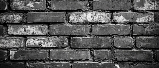 Fototapeta premium Weathered monochrome brick wall texture; dark grey bricks with visible mortar and signs of age and wear