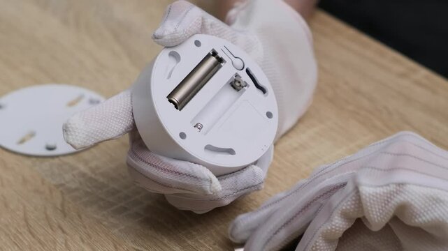 hands in protective gloves inserting batteries