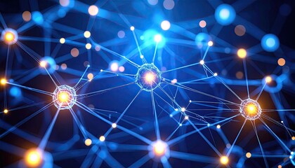 Glowing Neural Network: Interconnected Nodes with Bright Orange and Blue Hues