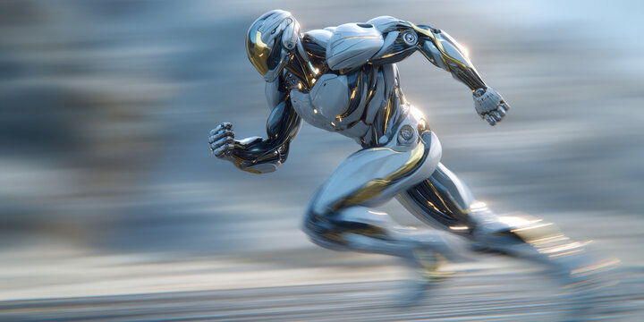 The robot runs fast on the road