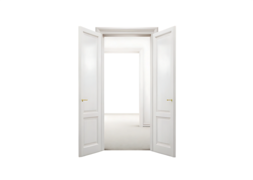 Open white doors leading to bright room isolated on a white background