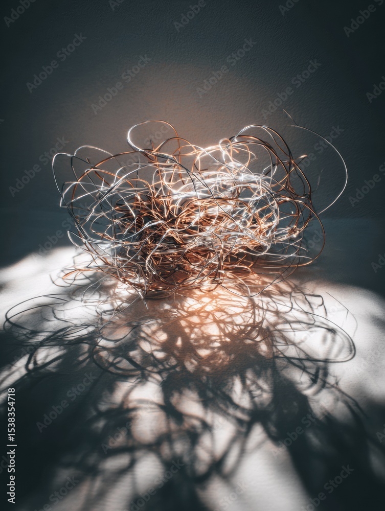 Poster Tangled Wire Mass Creates Intricate Patterns Against a Shadowy Background in Soft Light