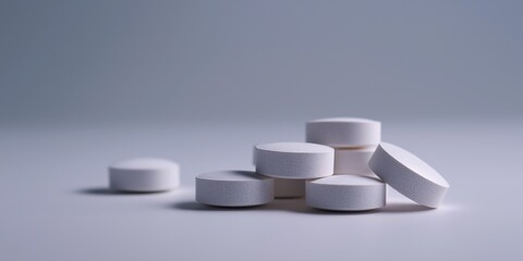 White round tablets on reflective surface with soft blue background