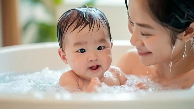 Adorable of asian newborn baby bathing in bathtub.mother bathing her son in warm water.