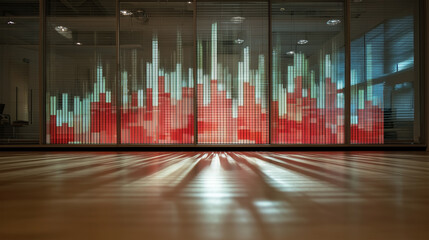 A large red and white cityscape is projected onto a glass wall