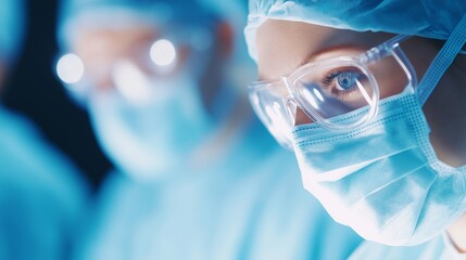 Female surgeon in operating room with medical team. Surgery and medical team concept for healthcare marketing. Image for medical banner with copy space