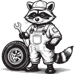 cartoon raccoon mechanic holding a wrench vector illustration
