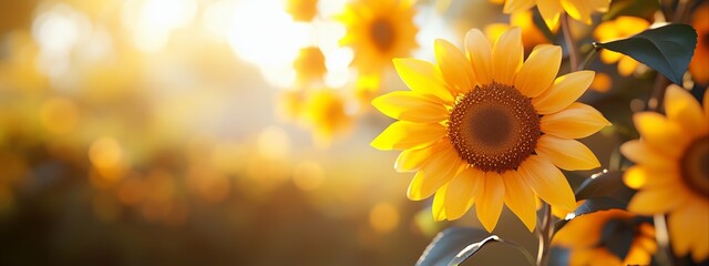 Fototapeta premium Bright yellow sunflower against golden bokeh background with warm sunlight. Summer flower and nature concept. Image for banner, poster, greeting card and seasonal advertising with copy space