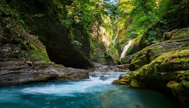 crystal clear water flowing through martvili canyon in georgia with waterfalls cascading down mossy rocks into the abasha river creating a picturesque natural landscape