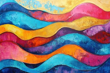 A vibrant abstract painting of layered, wavy forms in a spectrum of colors.