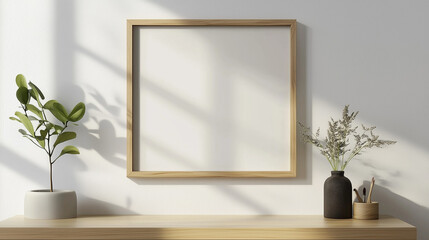 World Photography Day Minimalist Indoor Frame on Wall With Soft Light and Plant Decor Representing Creative Display, Elegant Gallery Mockup, and Calm Aesthetic for Artistic Expression