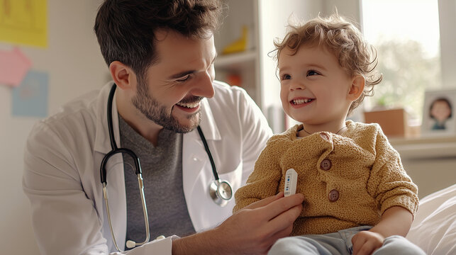 World Health Day Father and Child Smiling With Pediatrician in Hospital Environment Representing Healthcare Support, Medical Bonding, and Children’s Rights to Quality Global Healthcare