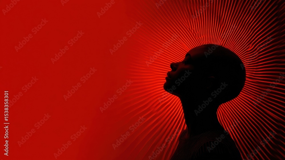 Poster Silhouette Against a Red Gradient Backdrop With Radiating Tension Lines Highlighting the Head Profile of a Person Contemplating