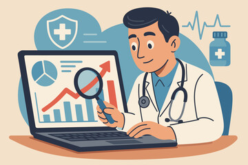 Doctor analyzing medical data on laptop with magnifying glass. Healthcare professional researches statistics, charts, graphs. Concept health insurance, market growth, diagnostics.