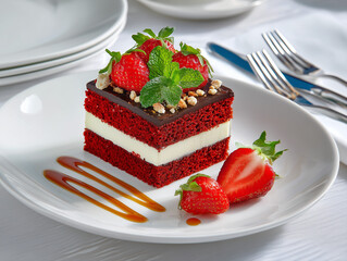 Elegant Red Velvet Cake in Fine Dining – Luxurious Layered Dessert with Cream Cheese Frosting