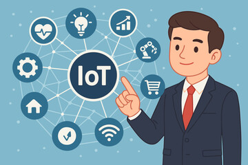 Internet of Things IoT concept. Businessman pointing at smart technology network. Icons for home automation, health, industry 4.0, ecommerce. Digital transformation and connectivity.