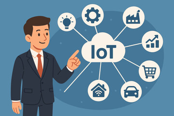Businessman presenting Internet of Things IoT concept. Smart technology network with cloud computing. Infographic with icons for smart home, car, factory, retail, and data analytics.