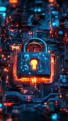A glowing padlock sits atop a complex circuit board, illuminated by vibrant colors