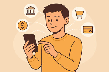 Man using smartphone for digital payment, mobile banking, and online shopping. Fintech concept. E-commerce, money transfer, financial transaction. Digital wallet illustration.