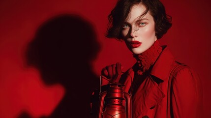 Mysterious woman holding lantern red background fashion photography studio close-up dramatic mood