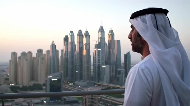Sheikh in kandura observing skyscrapers of a megapolis at sunset