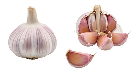Fototapeta premium Fresh Garlic Bulbs Cloves Isolated on transparent background Culinary Ingredient Food Photography Healthy Eating Recipe Vegetable Aromatic Spice