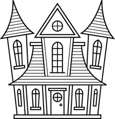 Whimsical Haunted House Line Art Illustration with Gothic Towers and Arched Windows