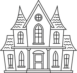 Haunted Mansion Line Art Vector Illustration with Gothic Architecture
