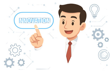 Businessman pointing at an innovation button on a futuristic virtual interface. Concept of business strategy, creative ideas, technology, and development. Vector with gears & lightbulb.