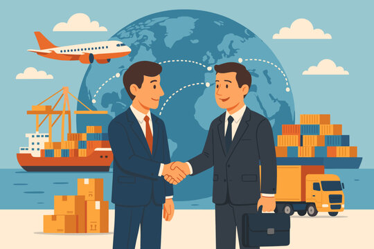 Global logistics partnership concept with businessmen shaking hands. International trade, shipping, and supply chain management. Worldwide freight network with cargo ship, truck, and plane.