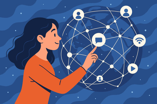 Global network interaction concept. Woman touching digital interface with social media icons. Worldwide communication, internet technology, and data connection metaphor illustration.