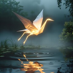 origami swan flying on the lake background fantasy copy space calming and hopes conceptual