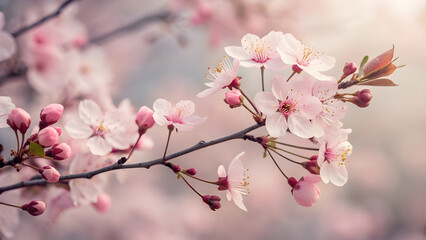 Delicate pink blossoms on a branch in springtime