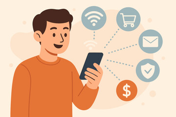 Man with smartphone using mobile banking app for online shopping and secure payments. Fintech and e-commerce concept. Digital life, financial technology, and internet connection.