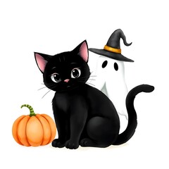 Cartoon Cat, Ghost, and Pumpkin on White
