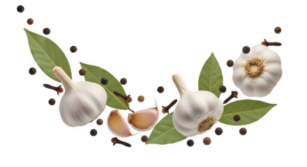Aromatic Garlic Cloves Bay Leaves Peppercorns Culinary Herbs Spice Food Ingredient Flavor transparent background Fresh Cooking Recipe