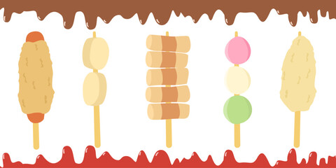 Set of various illustration of a famous korean street food with melted sauce as a frame