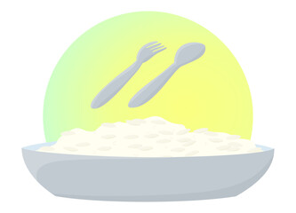 Clip art of white rice on plate is served with spoon and fork.