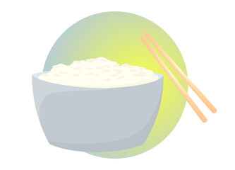Clip art of white rice on bowl is served with chopsticks.